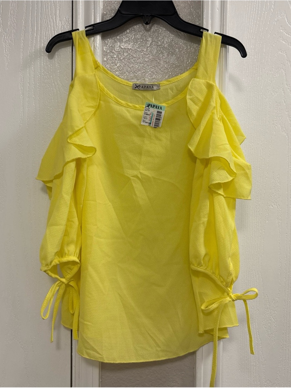 Papaya Bright Yellow Cold-Shoulder Ruffle Tie-Sleeve Top